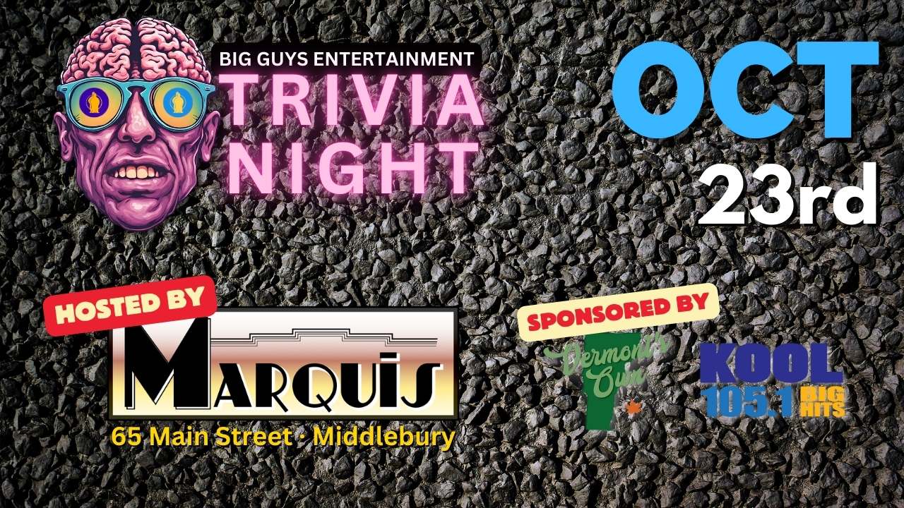 Promotional poster for Marquis Trivia Night on October 23, 2025, hosted by Big Guys Entertainment.