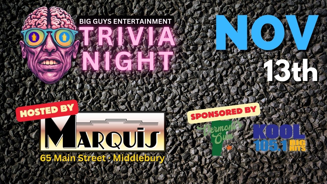 Promotional poster for Marquis Trivia Night on November 13, 2025, hosted by Big Guys Entertainment.