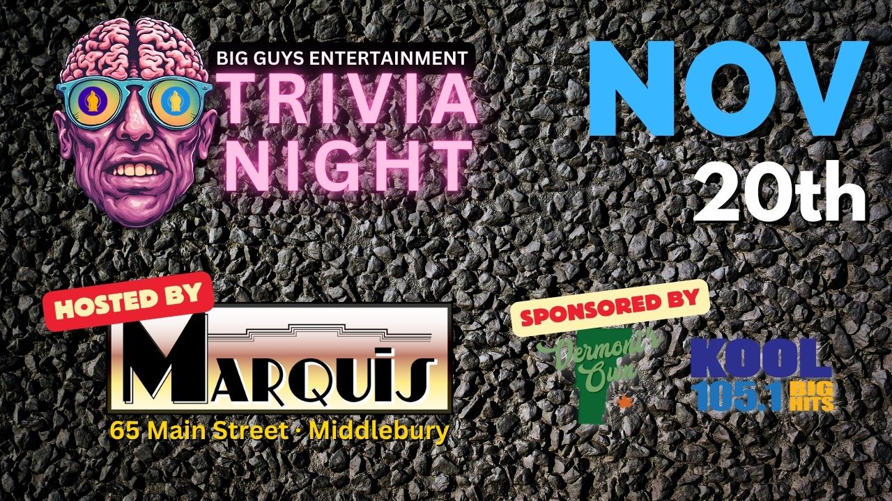 Promotional poster for Marquis Trivia Night on November 20, 2025, hosted by Big Guys Entertainment.