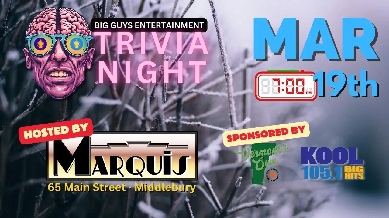 Promotional poster for Marquis Trivia Night on March 19, 2026, hosted by Big Guys Entertainment.