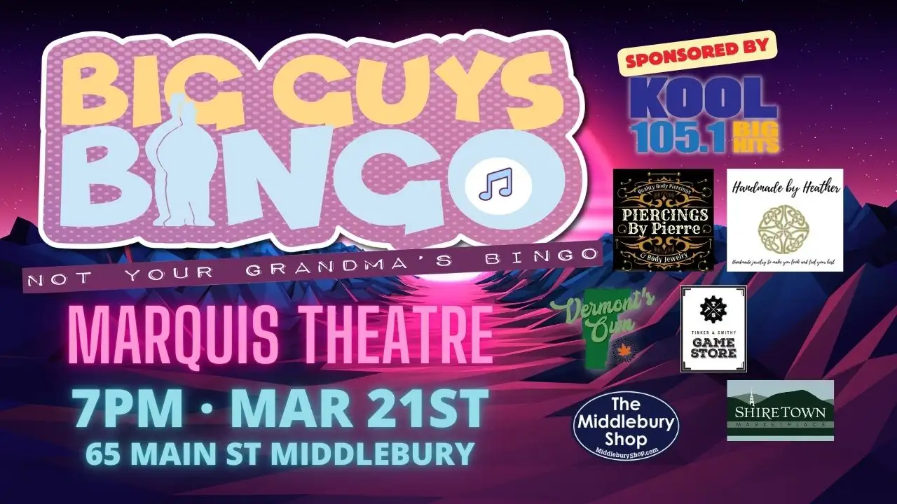 Promotional poster for Marquis Musical Bingo on March 21, 2026, hosted by Big Guys Entertainment.