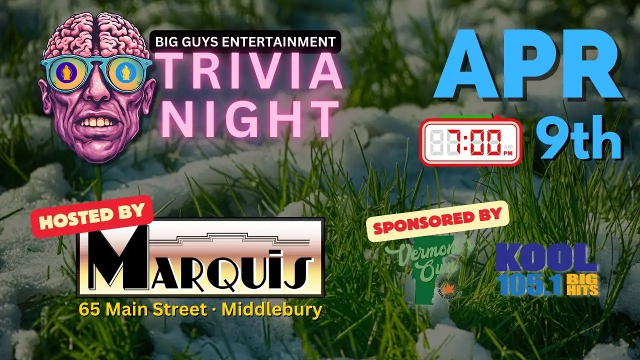 Promotional poster for Marquis Trivia Night on April 9, 2026, hosted by Big Guys Entertainment.