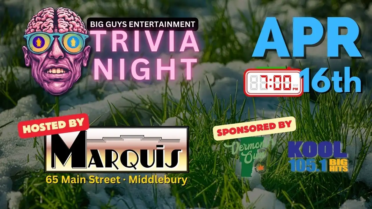 Promotional poster for Marquis Trivia Night on April 16, 2026, hosted by Big Guys Entertainment.
