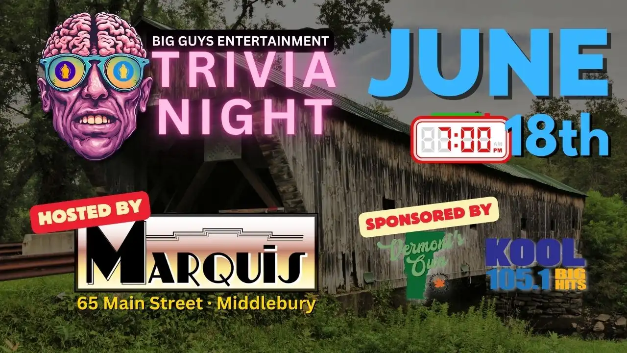 Promotional poster for Marquis Musical Trivia on June 18, 2026, hosted by Big Guys Entertainment.