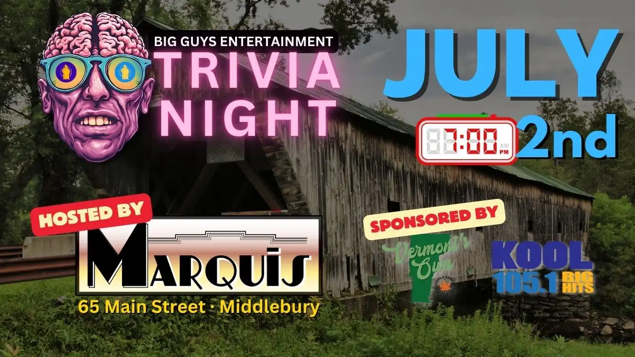 Promotional poster for Marquis Musical Trivia on July 2, 2026, hosted by Big Guys Entertainment.