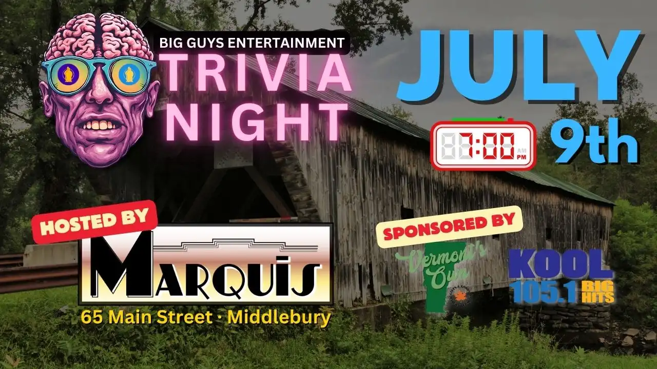 Promotional poster for Marquis Musical Trivia on July 9, 2026, hosted by Big Guys Entertainment.