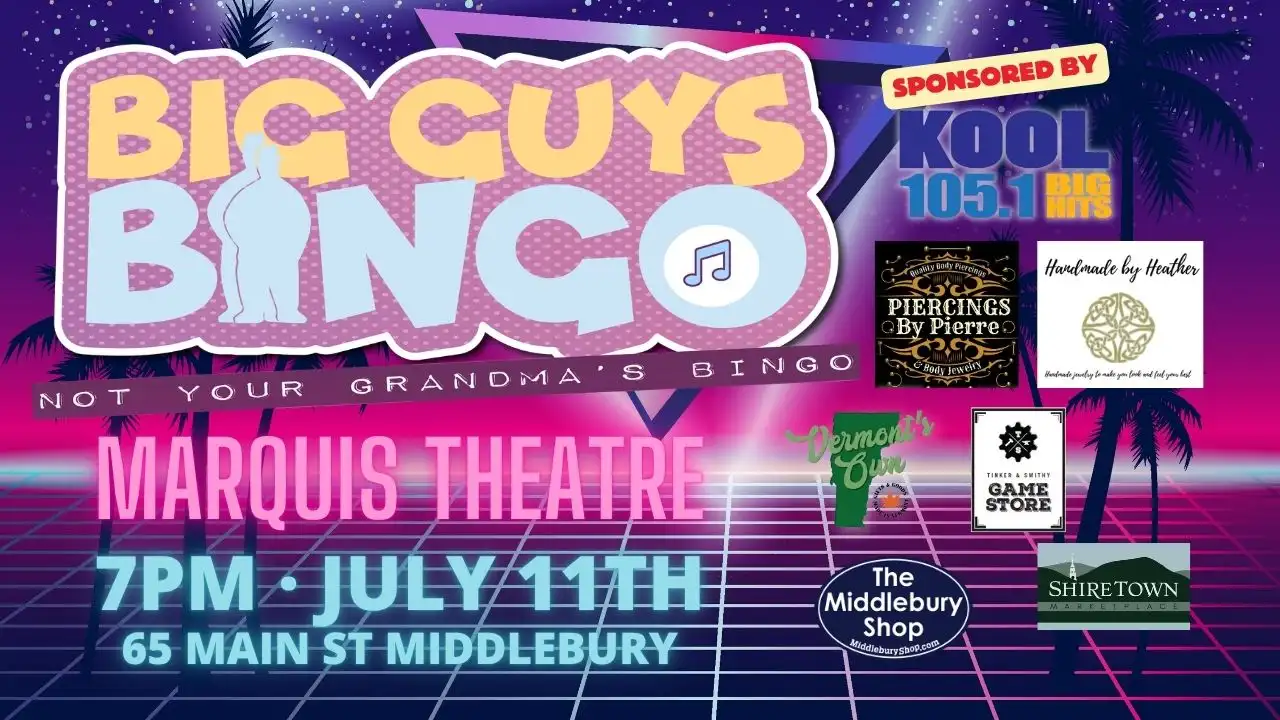 Promotional poster for Marquis Musical Bingo on July 11, 2026, hosted by Big Guys Entertainment.