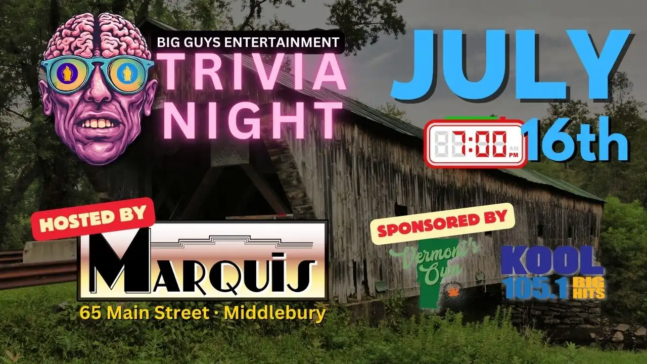 Promotional poster for Marquis Musical Trivia on July 16, 2026, hosted by Big Guys Entertainment.