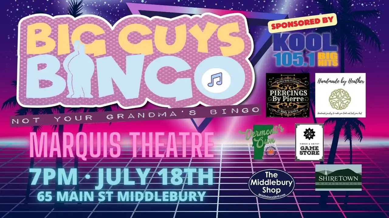 Promotional poster for Marquis Musical Bingo on July 18, 2026, hosted by Big Guys Entertainment.
