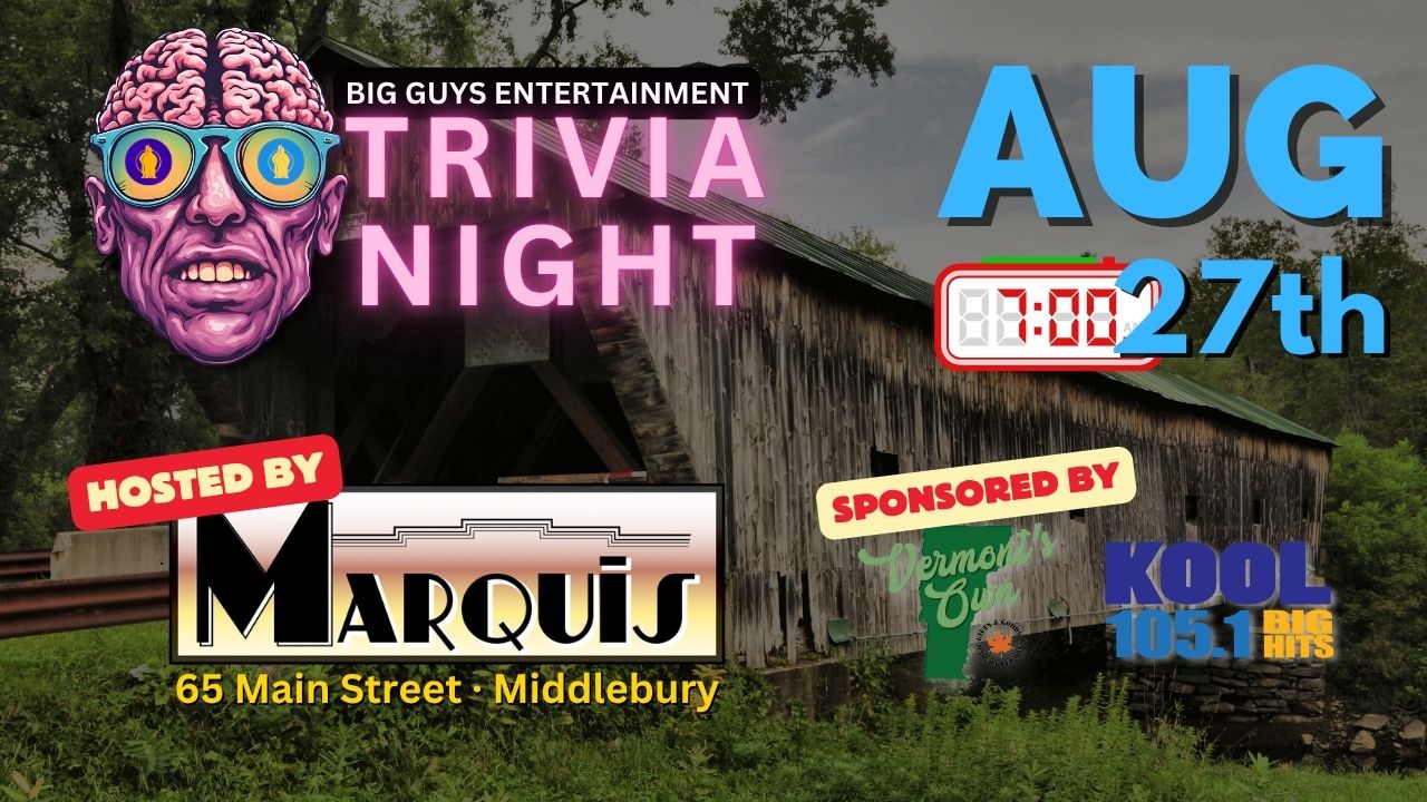Promotional poster for Marquis Trivia on August 27, 2026, hosted by Big Guys Entertainment.